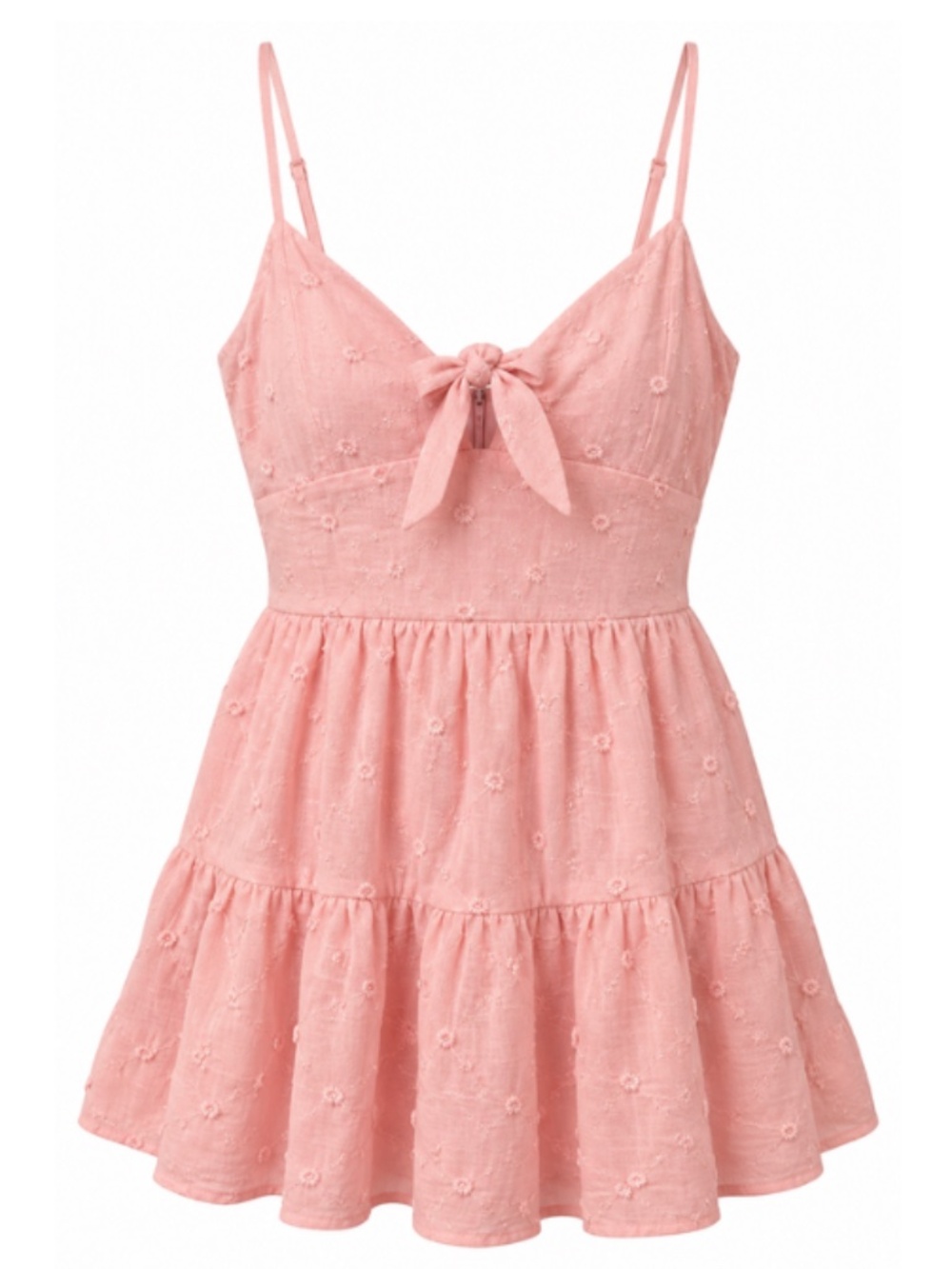Pink Embroidered Tie-Front Tiered Mini Dress